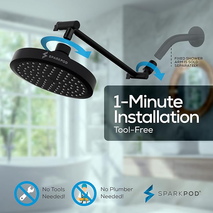SparkPod 6" Round Rain Shower Head with 11" Shower Arm | Shower Head & Extension Arm Combo, Height Adjustable, High Pressure Performance, Easy 1-Minute Installation, Black Matte