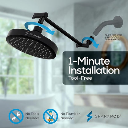 SparkPod 6" Round Rain Shower Head with 11" Shower Arm | Shower Head & Extension Arm Combo, Height Adjustable, High Pressure Performance, Easy 1-Minute Installation, Black Matte