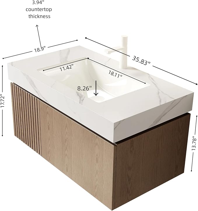 KEIKI 36 Inch Floating Bathroom Vanity with Sink, Light Brown & White | Modern Wall Mounted Storage Cabinet w/ Drawer & Door, Pre-assembled Wood Panels, Sintered Stone Top & Ceramic Basin Combo Set