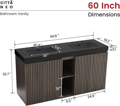 60 Inch Bathroom Vanity with Double Sink, Freestanding Double Sink Bathroom Vanity with Black Engineered Stone Top, Open Storage Cabinet & Adjustable Shelf, Smoked Oak Brown (3 Holes)