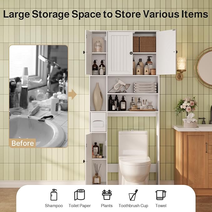 Ahomly Over The Toilet Storage Cabinet, with Five Doors, White | Over Toilet Bathroom Organizer with Adjustable Shelves, Above Toilet Storage Cabinet for Bathroom, Restroom, Laundry