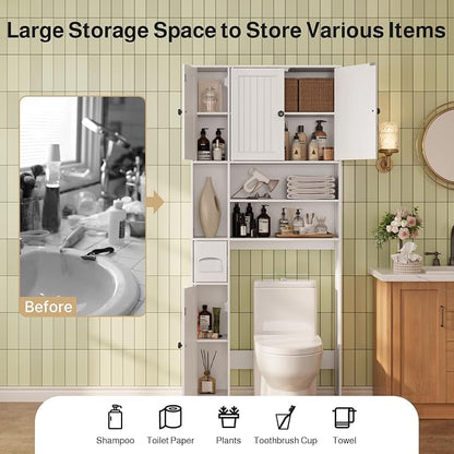 Ahomly Over The Toilet Storage Cabinet, with Five Doors, White | Over Toilet Bathroom Organizer with Adjustable Shelves, Above Toilet Storage Cabinet for Bathroom, Restroom, Laundry
