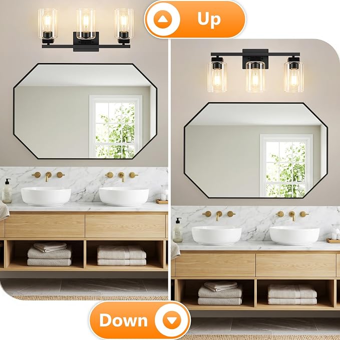 19” Bathroom Light Fixtures Over Mirror,3-Light Black Vanity Light | Square Clear Glass & Durable Metal, Quick & Easy Installation, Standard E26 Socket, Bright Bathroom Lighting