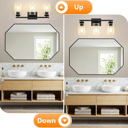 19” Bathroom Light Fixtures Over Mirror,3-Light Black Vanity Light | Square Clear Glass & Durable Metal, Quick & Easy Installation, Standard E26 Socket, Bright Bathroom Lighting