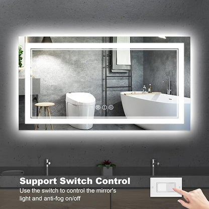 55x30 Inch LED Bathroom Mirror with Lights | Front and Backlit, 3 Colors, Dimmable, Memory, Anti Fog, Shatterproof, Horizontal/Vertical, Lighted Mirrors for Bathroom Wall
