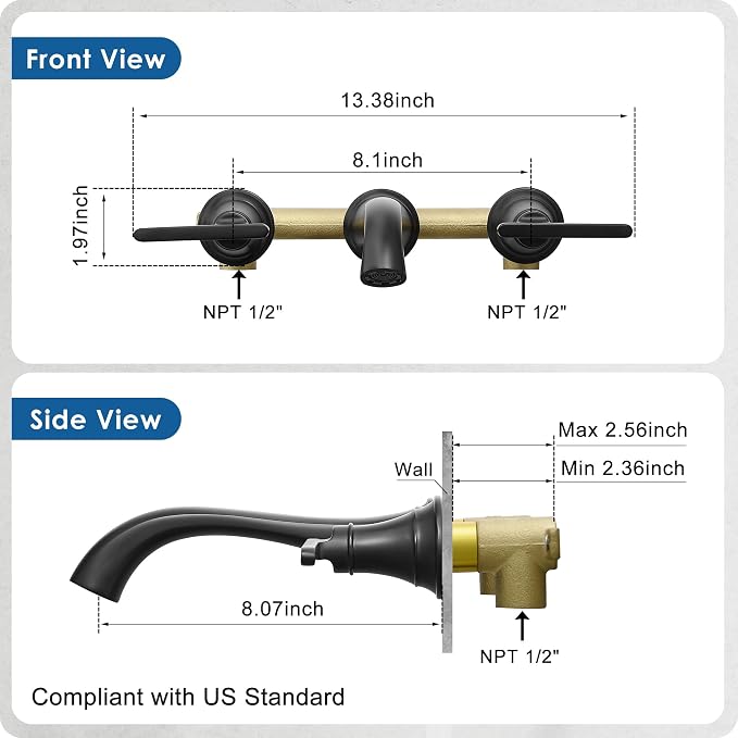 Brass Tub Filler Wall Mount 3 Hole, Farmhouse Black Tub Faucet, High Pressure 2 Handle Matte Black Bathtub Faucet Set with Long Spout Reach, Rough-in Valve
