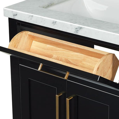 Isabella 66-Inch Black Double Bathroom Vanity with Sink, Carrara White Marble Countertop 1.5" Edge, Rectangle Undermount Sinks, 4 Soft-Close Doors, 6 Dovetail Drawers, Plinth Base