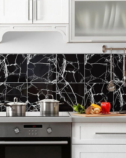 10 Sheets Marble Peel and Stick Backsplash Tile, 12"x12" Waterproof PVC Self Adhesive Tile Shower Wall Panels for Bathroom, Kitchen, Living Room (Black White)