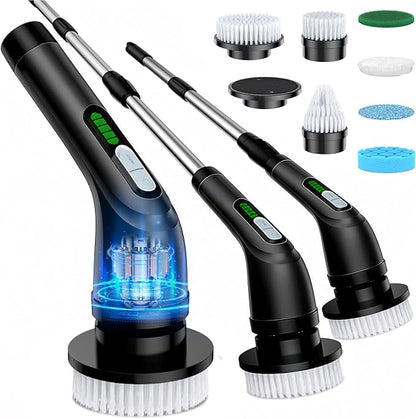 Electric Spin Scrubber, 2-Speed Cleaning Brush, Extendable Handle (Black) | Includes 7 reusable brush heads and an IPX7-rated design for cleaning bathrooms, showers, kitchens, tile, floors, and grout