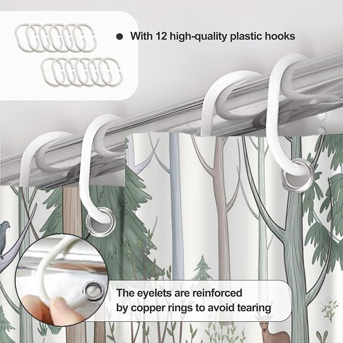 AWERT Cute Shower Curtain with Hooks Green Forest Shower Curtain with Wild Animals Bear Moose Deer Fox Deor Bathroom 72x78 inch