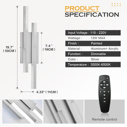 Modern LED Wall Sconce Silver Remote Wall Light Fixtures for Bathroom, Dimmable Vanity Light Indoor LED Remote Wall Sconce for Bedside Bedroom Living Dining Room (1 Pack 3000-6500K 19.7inch)