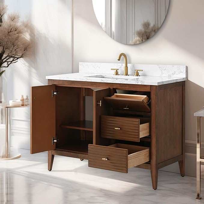 Vanity Art 42 inch Walnut Bathroom Vanity with Single Sink & Ceramic Top, Vanity Cabinet with Soft-Closing Door, Solid Wood Frame, Linear Pattern, Walnut, VA9142-Walnut-MB,Matte Black Handles