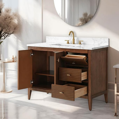 Vanity Art 42 inch Walnut Bathroom Vanity with Single Sink & Ceramic Top, Vanity Cabinet with Soft-Closing Door, Solid Wood Frame, Linear Pattern, Walnut, VA9142-Walnut-MB,Matte Black Handles