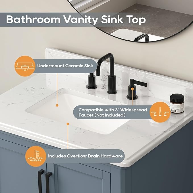 30 Inch Bathroom Vanity with Sink, 30 Inch Vanity with Adjustable Feets, Bathroom Storage Cabinet with Soft Closing Doors & Dovetail Drawers, Solid Wood Frame, Steel Blue