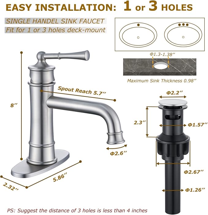 Brushed Nickel Bathroom Faucet Antique, Single Handle Bathroom Faucet | 1 or 3 Hole Sink Mount, Pop Up Drain & Supply Lines Included, Ideal for Vanity, Lavatory, RV, Farmhouse(L2301-BN)