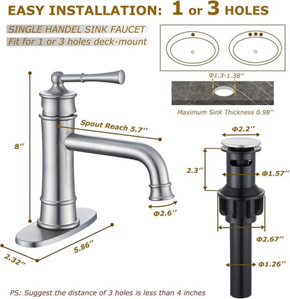 Brushed Nickel Bathroom Faucet Antique, Single Handle Bathroom Faucet | 1 or 3 Hole Sink Mount, Pop Up Drain & Supply Lines Included, Ideal for Vanity, Lavatory, RV, Farmhouse(L2301-BN)