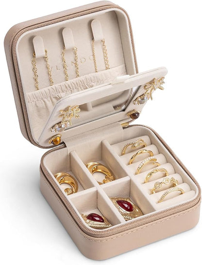 VLANDO Travel Jewelry Case with Mirror, Storage 3 Pairs of Stud Earrings | Necklace Hook for Anti-tangle, Removable Dividers, Waterproof PU Leather,Portable Storage for Rings, Necklace Gifts for Women