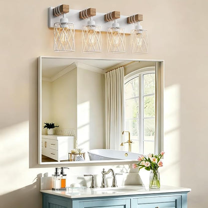 IZORRO Farmhouse Bathroom Vanity Light, 4-Light Wood Bathroom Light Fixtures Over Mirror, Matte White Industrial Vanity Lights with Metal Shade, Rustic Restroom Lighting Fixtures