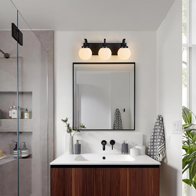 3 Lights Bathroom Vanity Light Fixtures Modern Sand Black Vanity Light with Milk White Glass Globe Shade Bathroom Lighting Over Mirror Wall Sconce for Bedroom Living Room Hallway