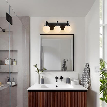 3 Lights Bathroom Vanity Light Fixtures Modern Sand Black Vanity Light with Milk White Glass Globe Shade Bathroom Lighting Over Mirror Wall Sconce for Bedroom Living Room Hallway