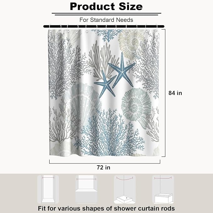 Cute Summer Ocean Shower Curtain Modern Luxury Coastal Seashell Nautical | Nature Shower Curtains for Bathroom, Waterproof Bath Curtain with Hooks Machine Washable Bathtub Curtains 72x84 Inch Blue