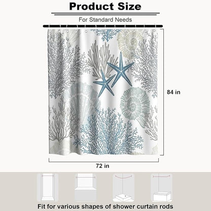Cute Summer Ocean Shower Curtain Modern Luxury Coastal Seashell Nautical | Nature Shower Curtains for Bathroom, Waterproof Bath Curtain with Hooks Machine Washable Bathtub Curtains 72x84 Inch Blue