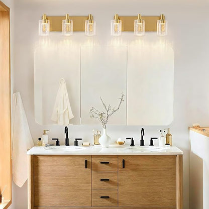 SineRise Vanity Light with 3 Color Modes (3000K/4000K/6000K), Eye Protection LED Bathroom Light Fixture, Dimmable Modern Wall Light Over Mirror with Clear Glass Shade (Gold, 3-Light)