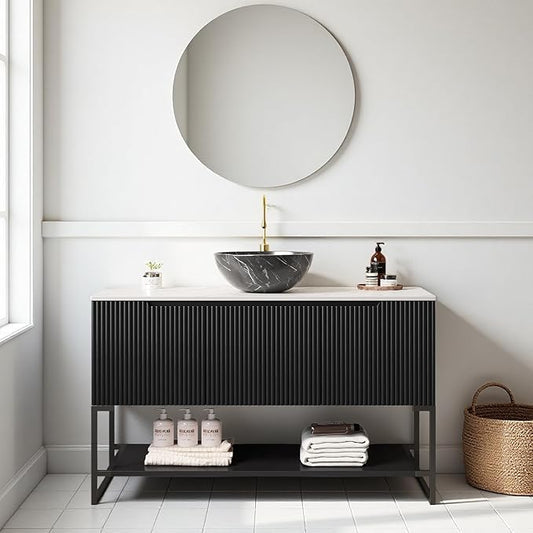 Ambrovina 48" Bathroom Vanity with Vessel Sink, Freestanding Bathroom Storage Cabinet with 3 Doors and Open Shelf, Bowl Shape Ceramic Basin and Carrara White Sintered Stone Countertop, Gloss Black