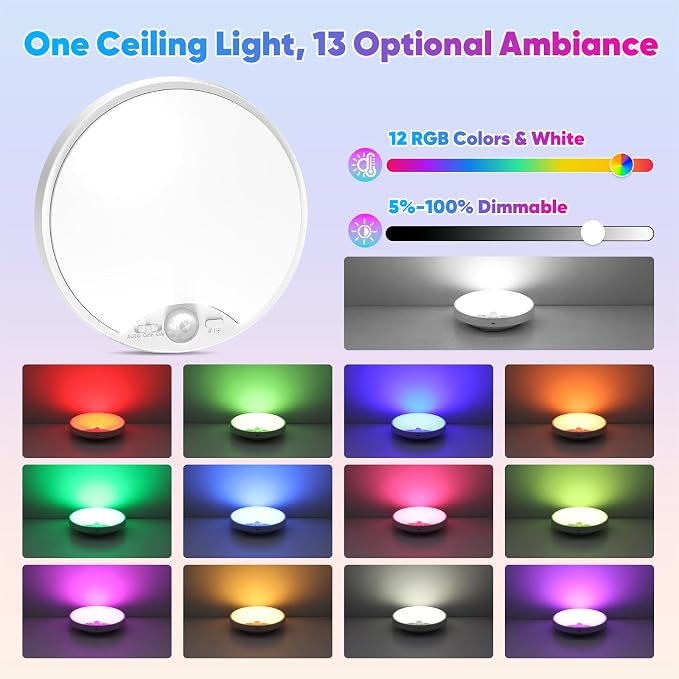 Rechargeable Motion Sensor Ceiling Light, 12000mAh RGB Battery Closet Light | Wireless Battery Powered LED Shower Light, Magnetic Cordless Ceiling Light with Remote, Overhead Lamp for Pantry Shed Hallway