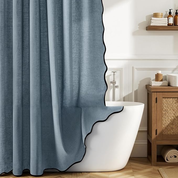 MIULEE Dusty Blue Scalloped Linen Shower Curtain 72W x 72L | 12 metal hooks, Linen scalloped, waterproof washable, thick heavy cloth, black border, boho farmhouse, bathroom hotel use