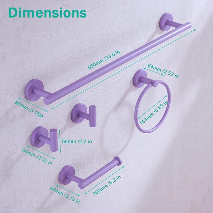 Bathroom Hardware Set,Purple 5 Pieces Bathroom Towel Bar Set,24 inch Towel Bar,Towel Ring for Bathroom,Robe Towel Hooks,Toilet Paper Holder Wall Mounted(Drilling),SE96006S-5PP