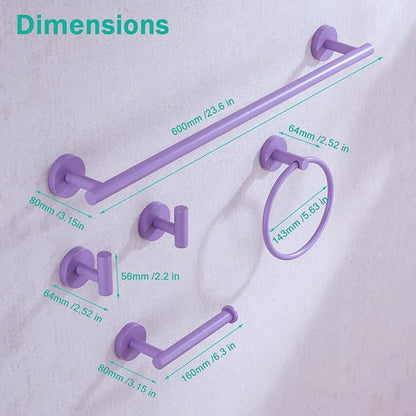 Bathroom Hardware Set,Purple 5 Pieces Bathroom Towel Bar Set,24 inch Towel Bar,Towel Ring for Bathroom,Robe Towel Hooks,Toilet Paper Holder Wall Mounted(Drilling),SE96006S-5PP