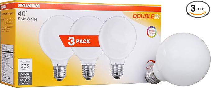 Sylvania Incandescent Double Life Décor Globe Light Bulb, 40W, G25, Medium Base, 265 Lumens, Frosted, 2850K, Soft White - 3 Pack (15345)