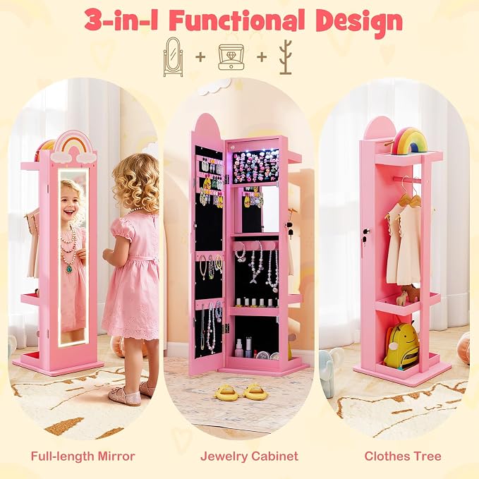 HONEY JOY Kids Jewelry Cabinet with LED Lights, Rainbow Standing Jewelry Armoire w/Full-Length Mirror & Makeup Mirror, Ring Slot, Lockable Princess Jewelry Organizer Storage for Toddler Girls(Pink)