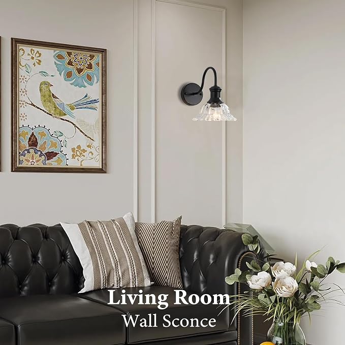 Bathroom Vanity Lights 2 Pack, Black Wall Sconce with Pressed Patterned Glass Lampshade, Farmhouse Wall Light Fixtures for Bathroom, Bedroom, Living Room, Entryway