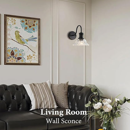 Bathroom Vanity Lights 2 Pack, Black Wall Sconce with Pressed Patterned Glass Lampshade, Farmhouse Wall Light Fixtures for Bathroom, Bedroom, Living Room, Entryway