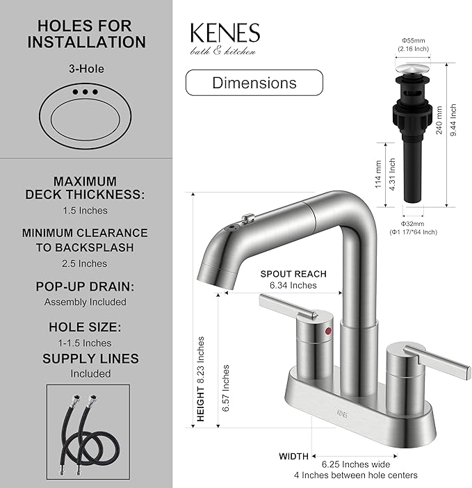 KENES Pull Down Bathroom Faucet with Sprayer, Brushed Nickel 4 Inch 2 Handle Centerset Bathroom Faucets 3 Hole with Pull Out Sprayer, Vanity Faucet with Pop Up Drain & Supply Lines LJ-9059A