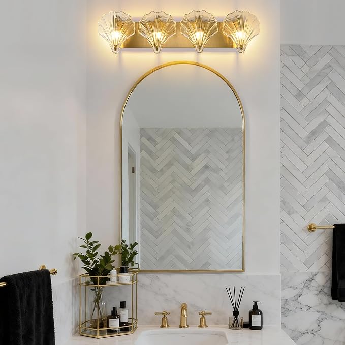 Bathroom Light Fixtures, 4-Lights Vanity Lights Over Mirror, Modern Bathroom Wall Light with Clear Shell Shaped Glass Shades, Gold Crystal Wall Light for Bedroom Living Room Hallway Kitchen