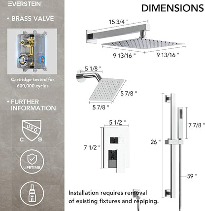 10" High-Pressure Rainfall Shower Faucet with Handheld Spray, Wall Mount Dual Shower Head System with Slide Bar (Polished Chrome)