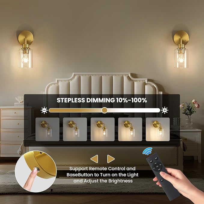 Epinl Battery Operated Wall Sconce Set of Two - Dimmable Wireless Sconces Set of 2 with Remote Control, Cordless Rechargeable Gold Wall Lights 3000K Modern Wall Lamp for Bathroom Bedroom Living Room