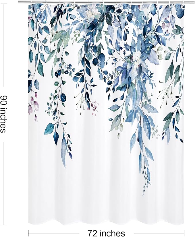 Blue Eucalyptus Shower Curtain, Watercolor Floral Print, 72x90 | Watercolor Plant Leaves Floral Print, Extra Long Waterproof Fabric Bathroom Decor, Machine Washable, Rustproof Grommets