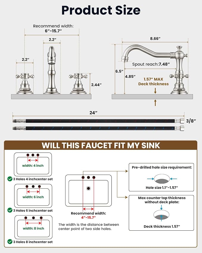 gotonovo 3 Hole 8’’ Widespread Bathroom Sink Faucet Brushed Nickel | Vintage Bathroom Faucet,2 Cross Handle,6-16’’ Sink,Vanity,Basin,RV,Farmhouse,SUS304,24’’ cUPC Hose Pop Up Drain,Deck Mount