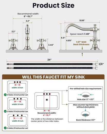 gotonovo 3 Hole 8’’ Widespread Bathroom Sink Faucet Brushed Nickel | Vintage Bathroom Faucet,2 Cross Handle,6-16’’ Sink,Vanity,Basin,RV,Farmhouse,SUS304,24’’ cUPC Hose Pop Up Drain,Deck Mount