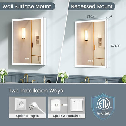 24x32 Inch Medicine Cabinet with Lights, AL Alloy Frame, Plug-in or Hardwired, Recessed or Wall Mount, Mirror Doors/3 Colors/Dimmable/Interior Sensor Light/Defog,2 Outlets &USBs,3 Shelves