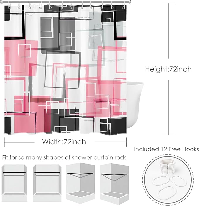 Pink and White Geometric Modern Shower Curtain for Bathroom Decor,Black and Grey Abstract Striped Shower Curtain with Hooks Mid Century Minimalist Bathroom Shower Curtain Set,72L X 72W inches