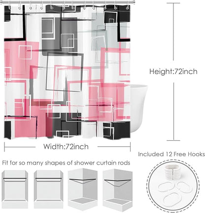Pink and White Geometric Modern Shower Curtain for Bathroom Decor,Black and Grey Abstract Striped Shower Curtain with Hooks Mid Century Minimalist Bathroom Shower Curtain Set,72L X 72W inches
