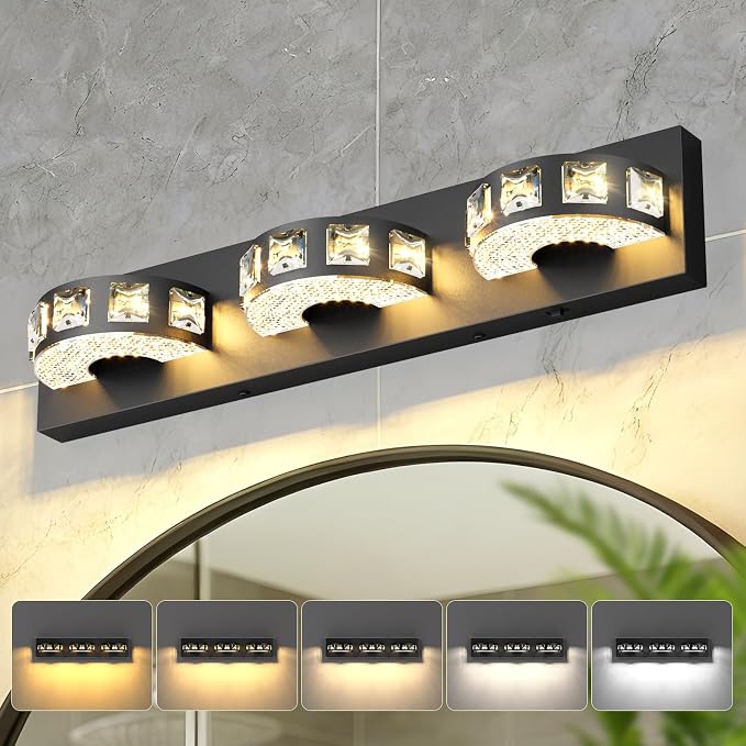 Modern Bathroom Vanity Lights 21.6inch 24W 5 Color Temperature Black Vanity Light (3-Light,Dimmable) Crystal Bathroom Light Fixtures for Bathroom Mirror Restroom