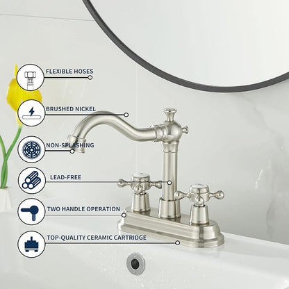 Bathroom Faucet Brushed Nickel 2 Handles 4 Inches Centerset RV Vanity With Drain Assembly and Supply Hose