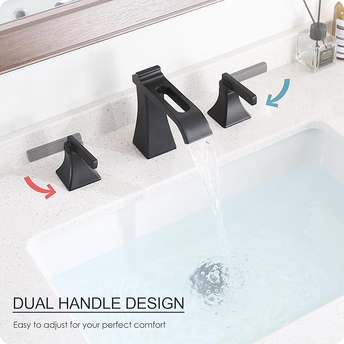 Matte Black Waterfall Bathroom Faucet 3 Hole, Brass 8 Inch Widespread Bathroom Sink Faucet Included Pop-Up Drain, 2 Handles & Pre-Connected cUPC Hose for Vanity, Modern Hollowed Design