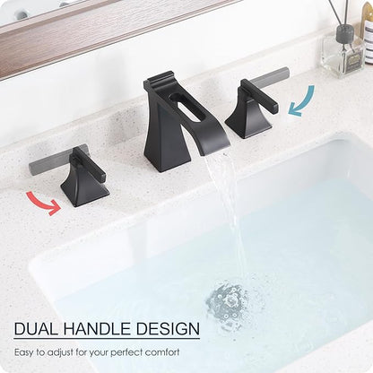 Matte Black Waterfall Bathroom Faucet 3 Hole, Brass 8 Inch Widespread Bathroom Sink Faucet Included Pop-Up Drain, 2 Handles & Pre-Connected cUPC Hose for Vanity, Modern Hollowed Design